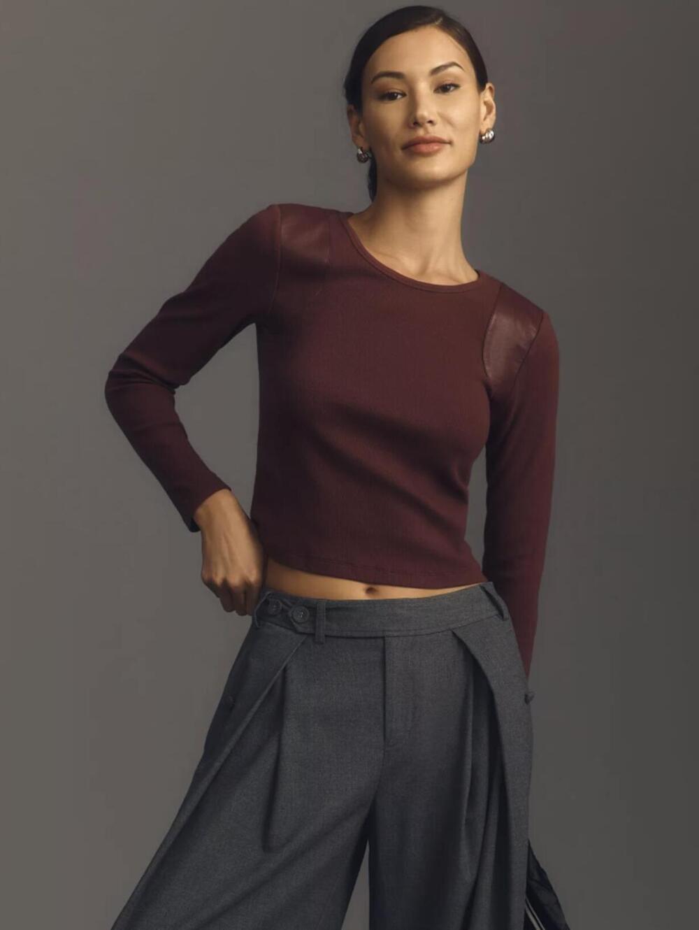 Maeve by Anthropologie Burgundy Faux Leather-Inset Pullover - Size - XS